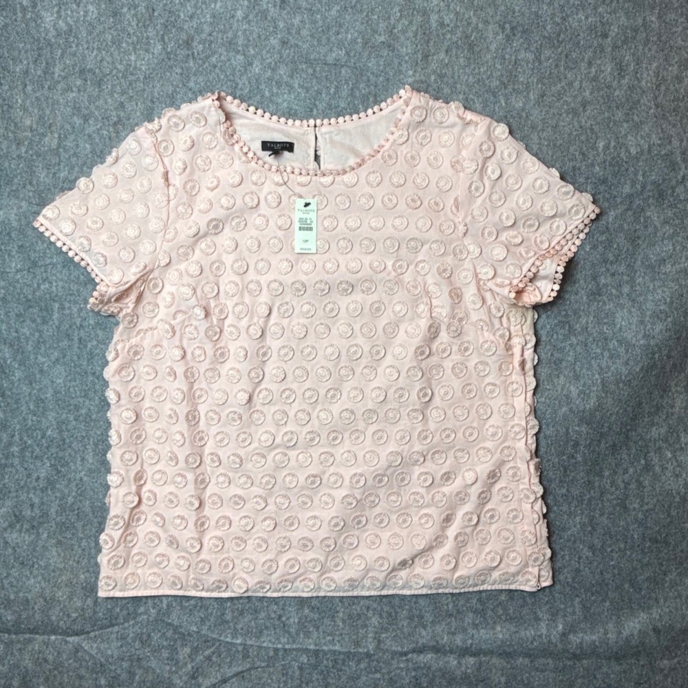 Talbots Embroidered Sunburst Top Women 12P Pink Pom Trim Cotton Blouse NWT
